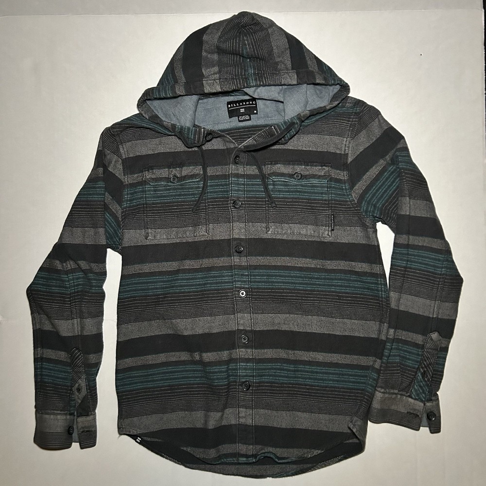 Billabong Hooded Flannel Shirt Men Medium Gray Teal Stripe Button Up Surf Skate