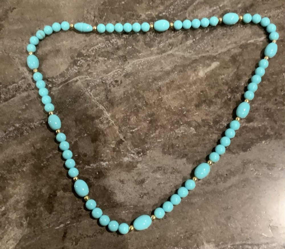 Vintage Turquoise Colored & Gold Tone Beaded Necklace Choker  12”