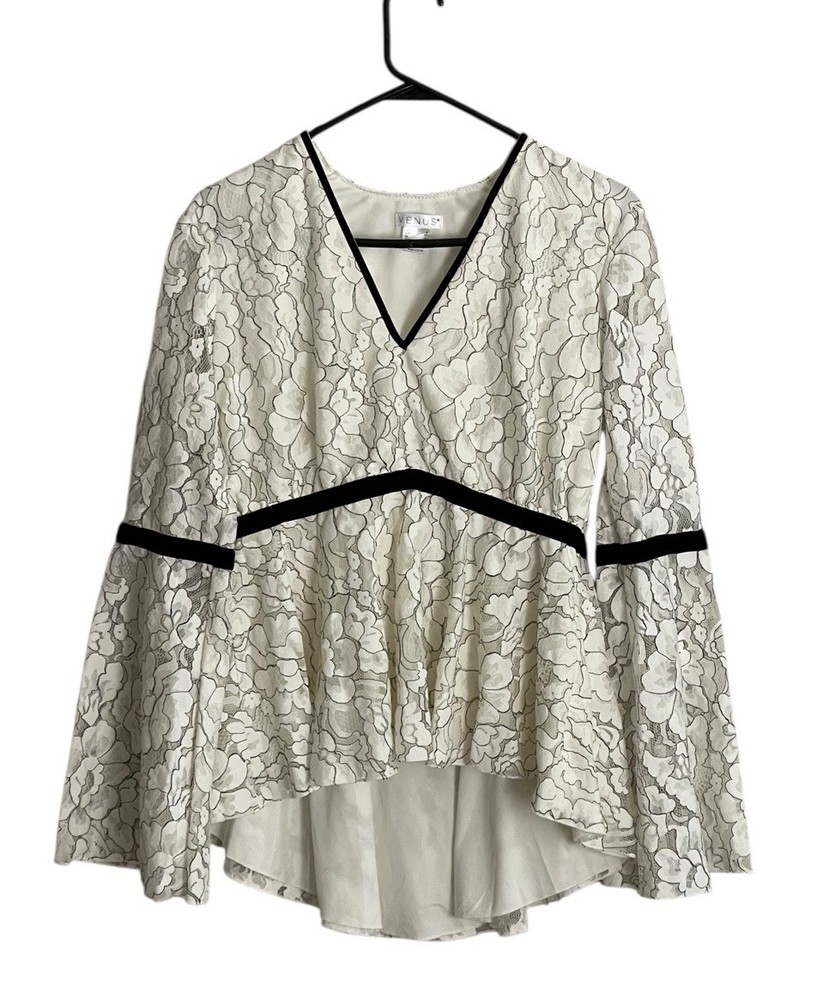 Venus Women Lace Top Sz 8 Black Velvet Trim Bell Sleeve Babydoll Peplum Fairy