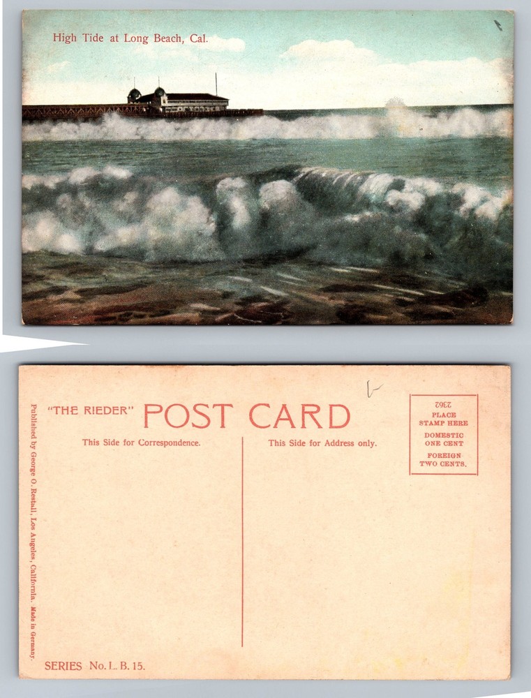 Long Beach, CA-California, High Tide Ocean Waves Pier Scene Vintage Postcard