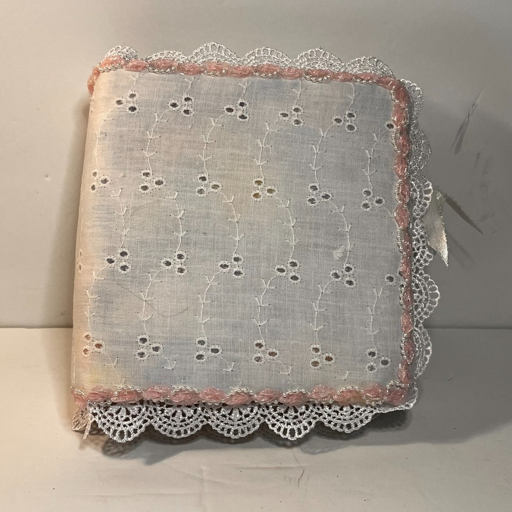 White Eyelet Lace Fabric Covered Small Photo Album Pink Beading Wedding Handmade