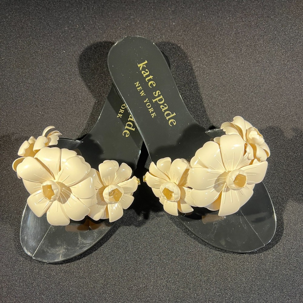 Kate Spade New York Floral Flat Shoe Jaylee Sandal Women's Black & Cream Size 8