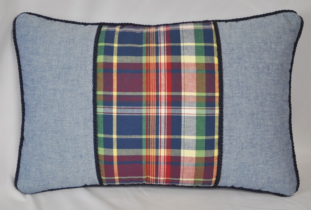 Pillow made w Ralph Lauren Garrison Madras Plaid & Chambray Blue Fabric 17
