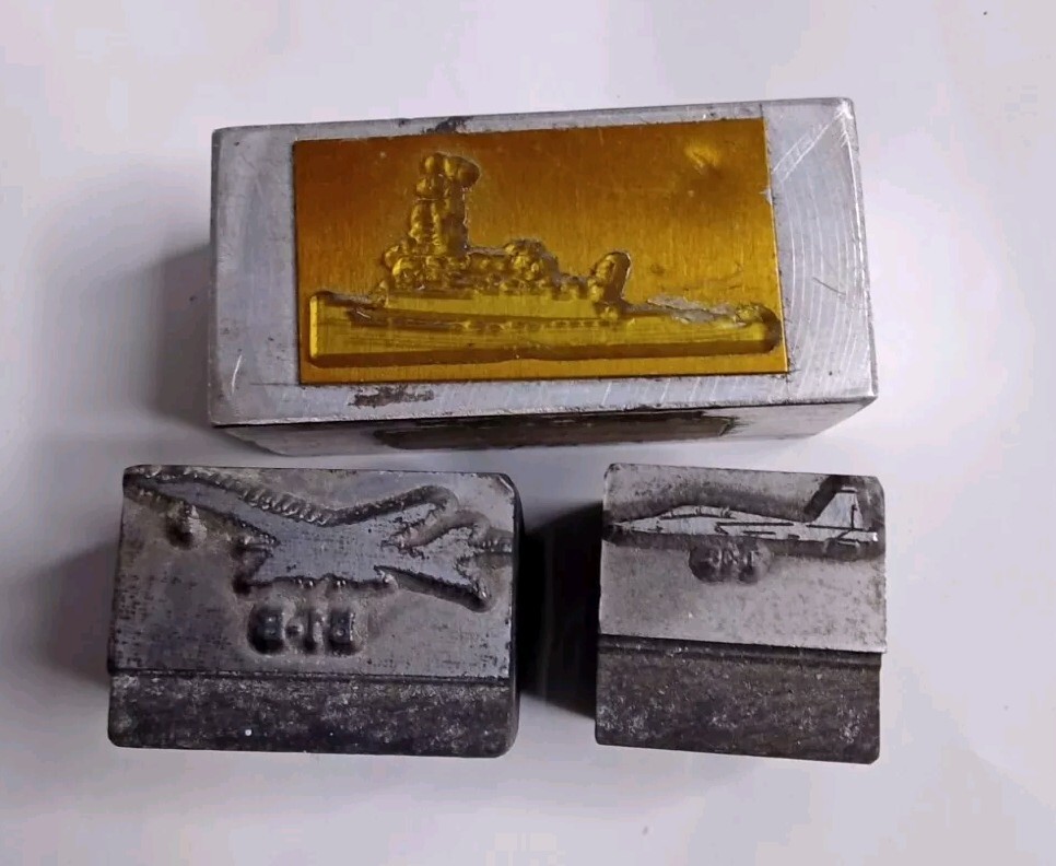 Vintage Metal Printing Press Block Stamp Plates B1-B Featuring Jet Fighter and Warship Designs  