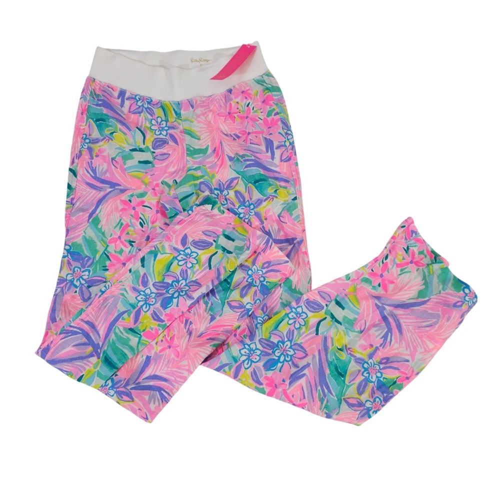 Lilly Pulitzer S Beach Palazzo Pants in Tropical Floral Print Multi-Color Cotton