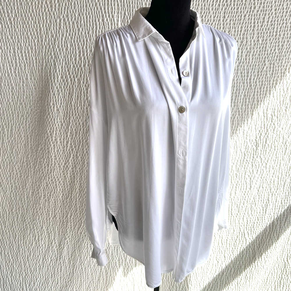 Bella Dahl White TENCEL Button-Up Shirt  Women’s M Curved Split Hem Long sleeve