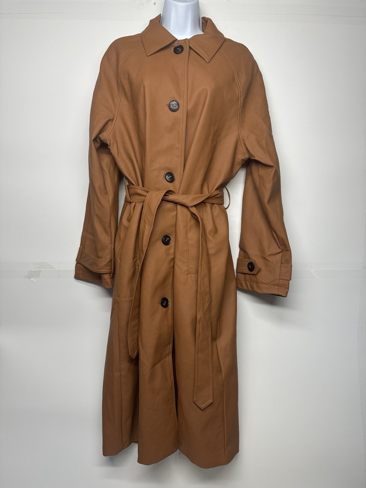 Haute Monde Women's Trench Coat Size Large Dark Brown Belted Faux Leather