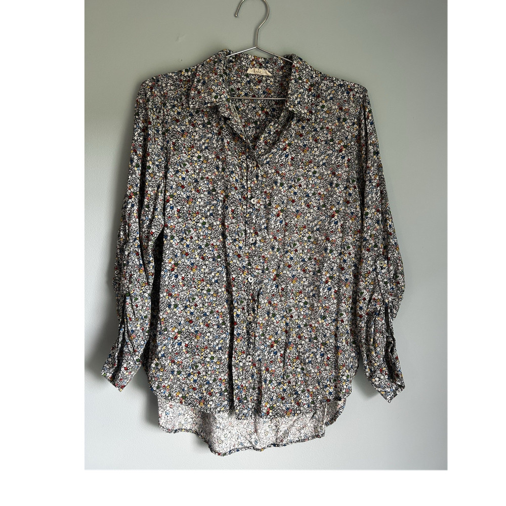 Jane and Delancey Black Floral Rayon Collared Button-Front Blouse Women's M