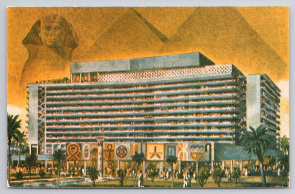Nile Hilton Hotel Cairo Egypt UAR Postcard Pyramids Sphinx Vintage 1960s