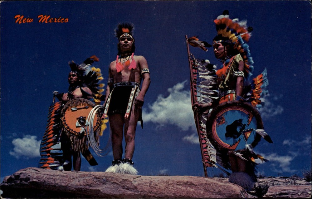 New Mexico Native Hoop Dancers in full regalia spear feathers vintage postcard