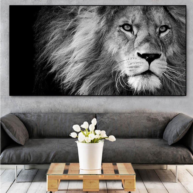 Black and White Wild Animal Canvas Painting African Lion Canvas Wall Art Poster