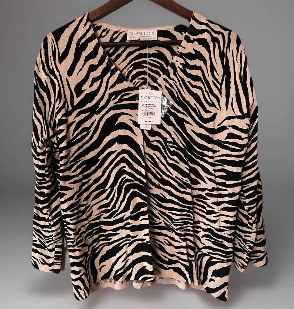 Norton Mcnaughton Women’s Size Large Top Black Tan Zebra Tiger 3/4 Sleeve Blouse