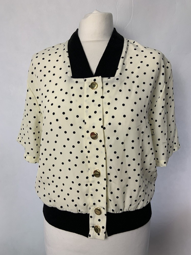 White Polka Dot Polyester Blouse Size 10 Short Sleeve Womens Top