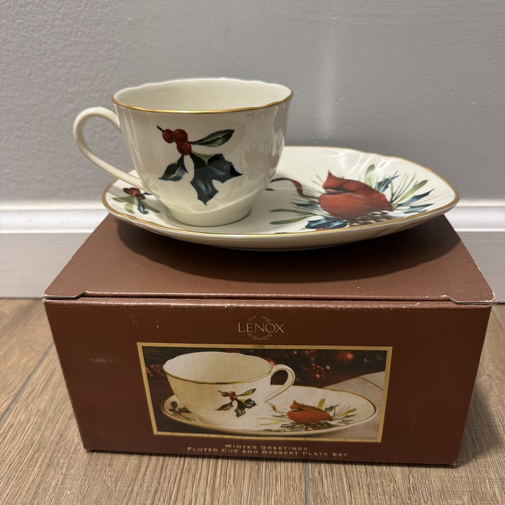 Lenox Porcelain Winter Greetings Fluted Cup And Dessert Plate Set