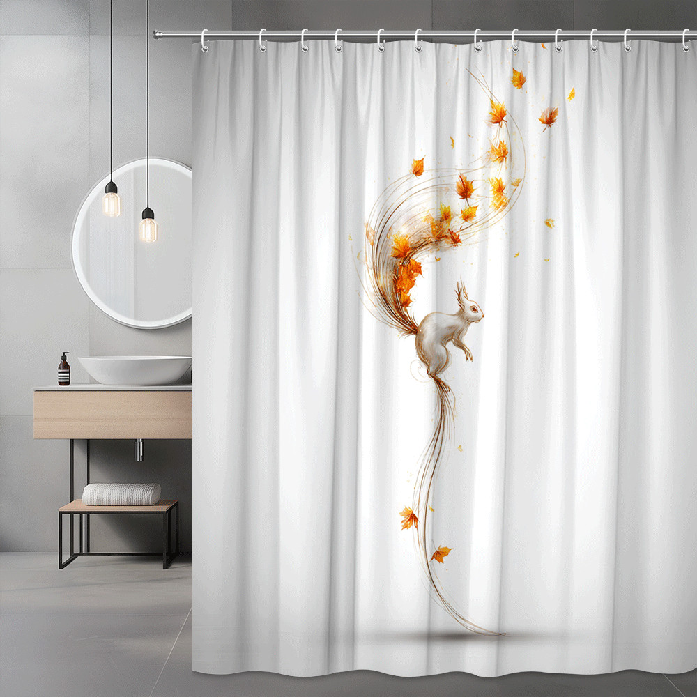 Autumn Squirrel Shower Curtain White Orange Leaf Print