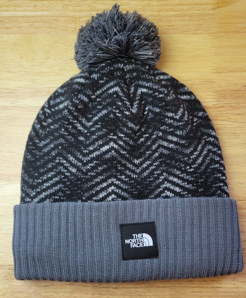 North Face Girls Chevron Fleece-Lined Pom Beanie in Black & Gray  