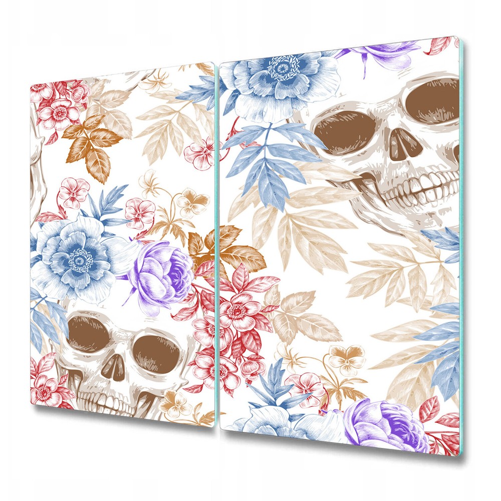 Glass Worktop Saver with Sugar Skull Design Featuring Skulls, Flowers, and Leaves 2x30x52
