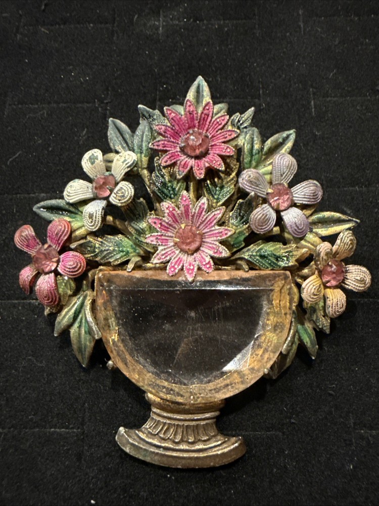 RARE Art Deco Vintage Azure Pink Faceted Glass & Enamel Flower Urn Brooch