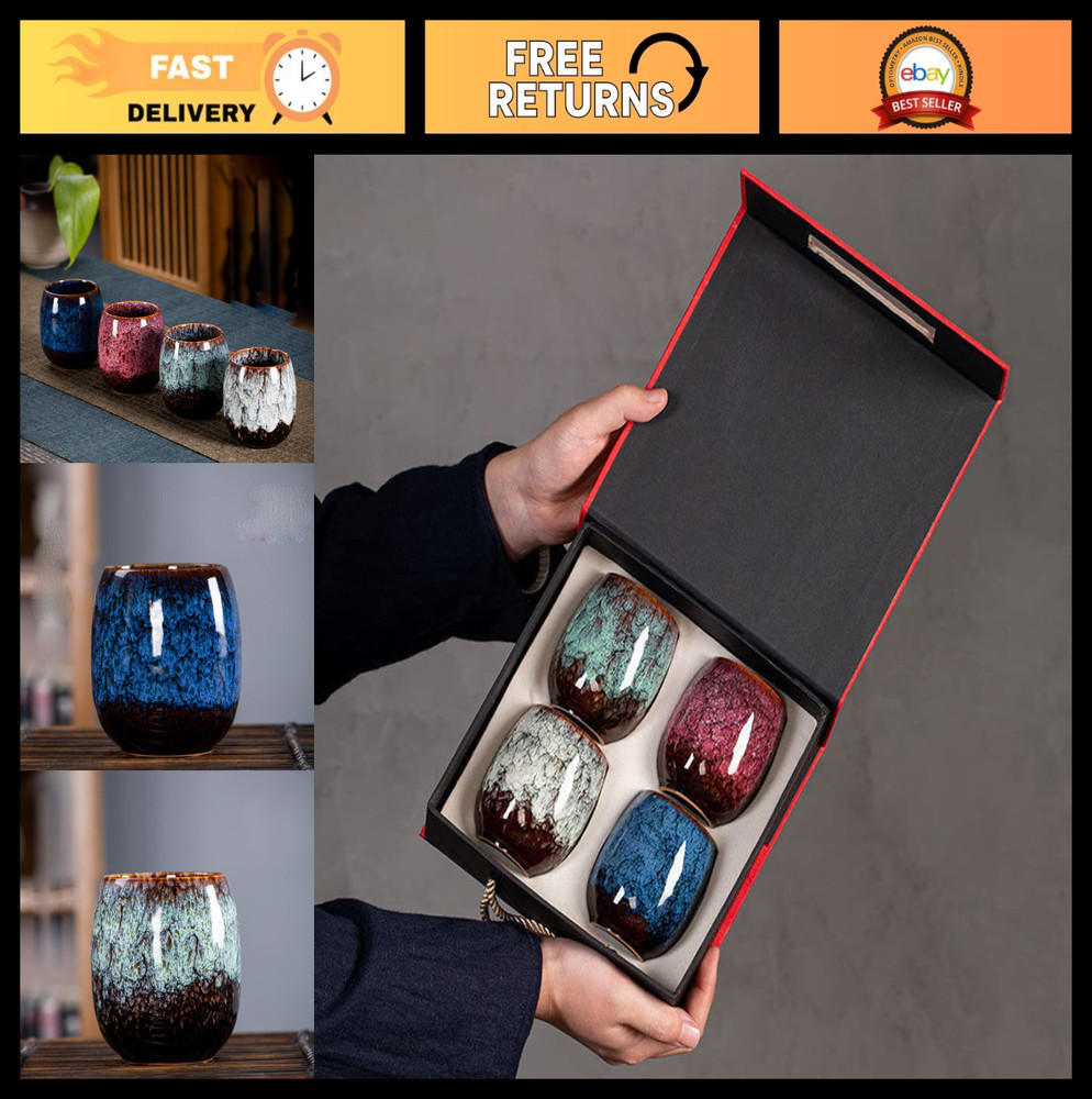 Set of 4 Ceramic Teacups - Japanese Ochoko Sake Cups, Glazed Pottery Gift Set