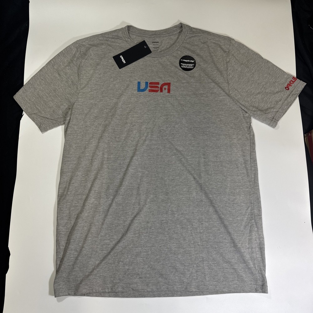 Oakley USA T-shirt Men Heather Gray Size Large Tee Regular Fit Granite 457549