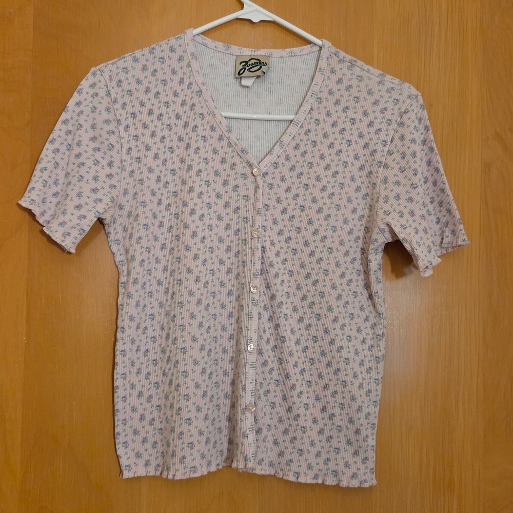 Vintage 90s Zoomers Crop Ribbed Pink Ditsy Floral Top Womens S/M Lettuce Edge