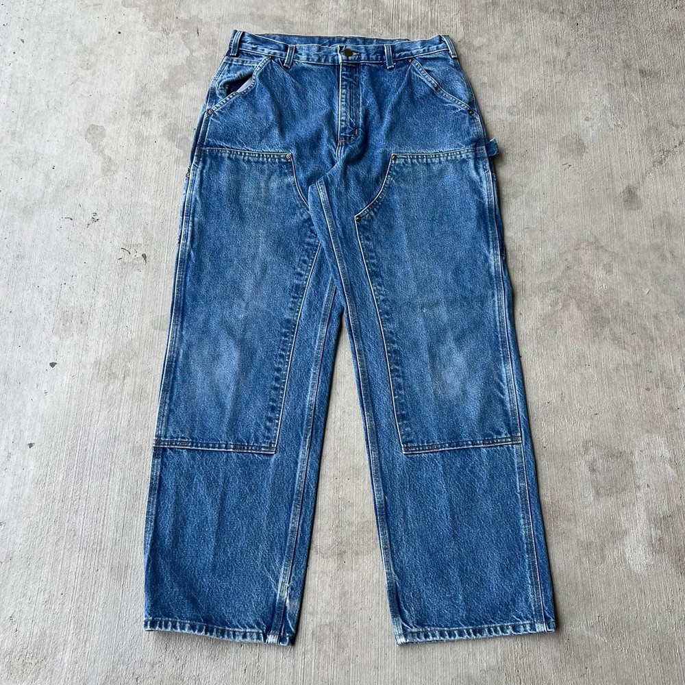 Carhartt denim blue jean double knee work wear carpenter pants 34x32