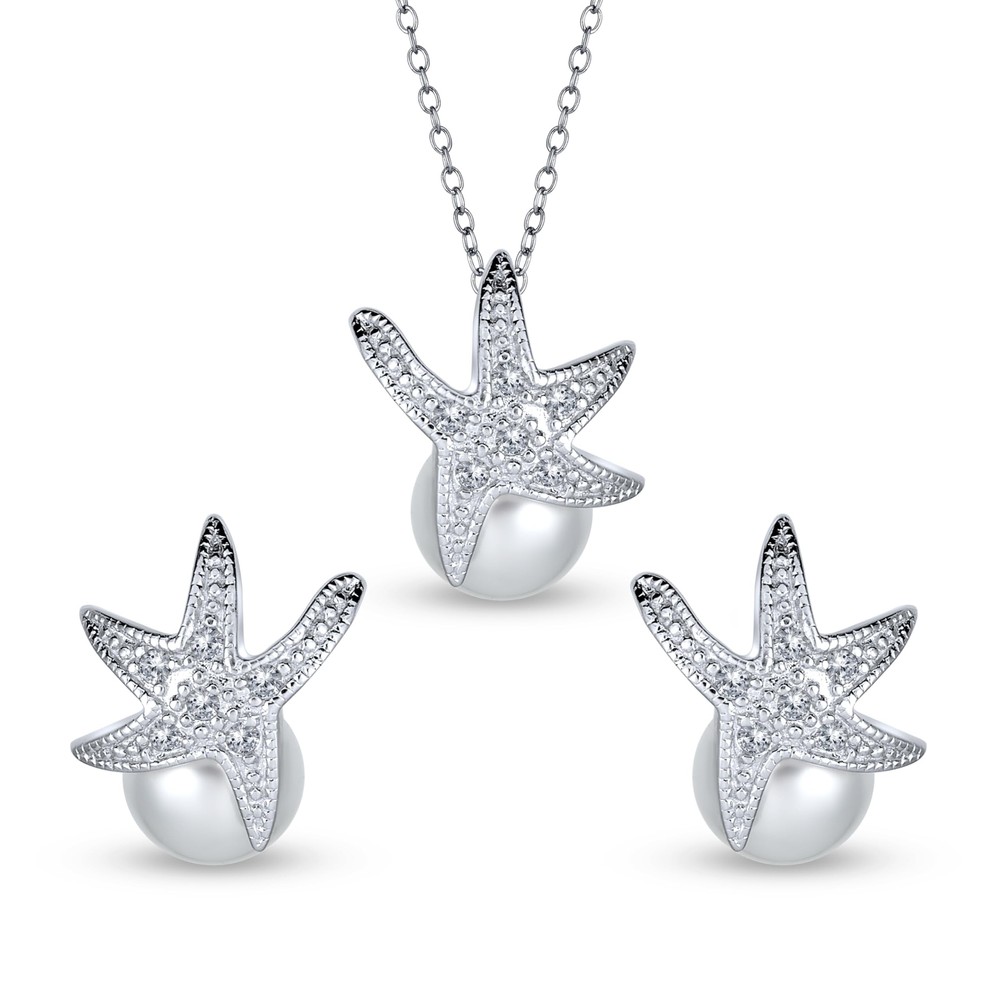 Nautical Bride CZ Beach Wedding 8MM Simulated Pearl Jewelry Set