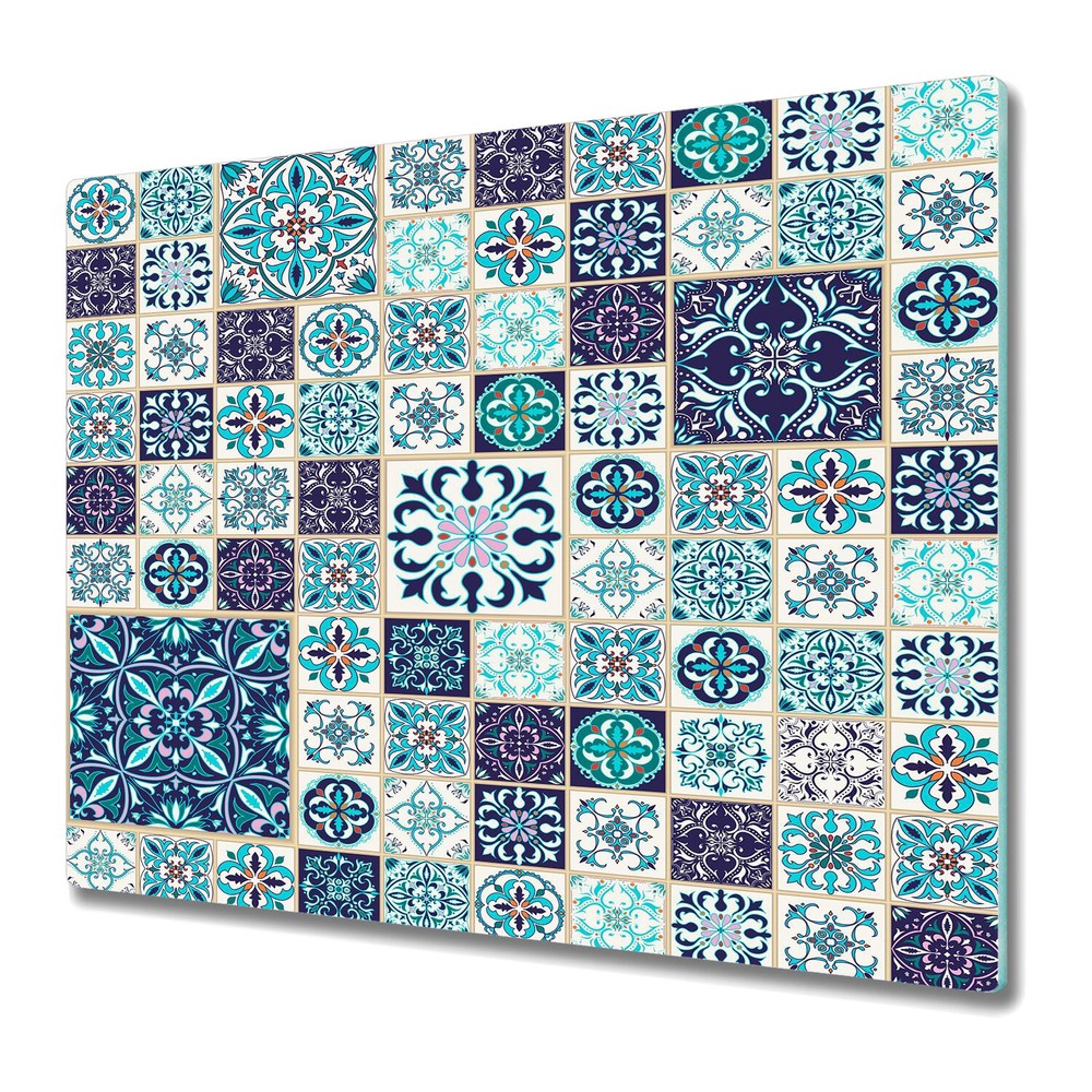 Glass Chopping Board Utensil Beautiful patchwork blue and grey 60x52