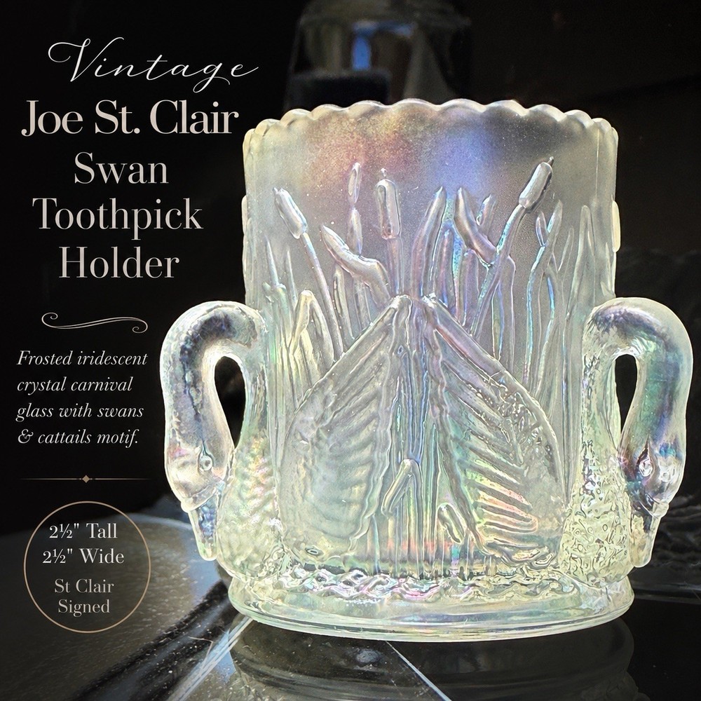 Joe ST Clair Iridescent Crystal Carnival Glass Swan Toothpick Holder
