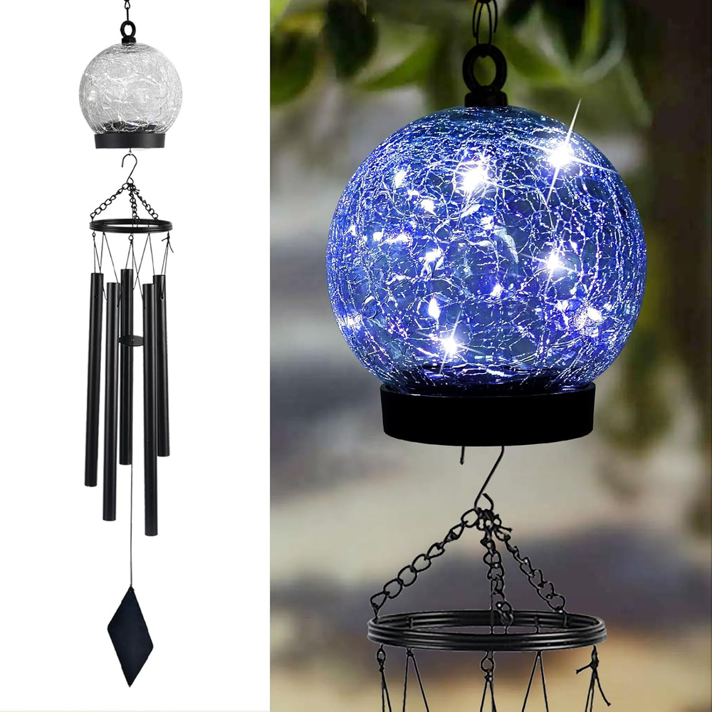 Solar-Powered Outdoor Garden Wind Chimes with 15 Blue Glass Balls, Elegant Hanging Decor for Patio, Yard, or Balcony