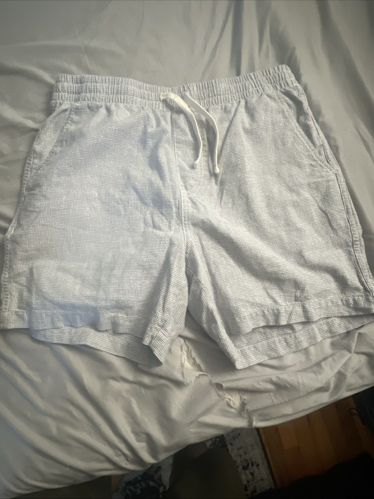 J Crew Shorts Mens Medium Gray White Linen Blend Drawstring Beach Pool 5.5