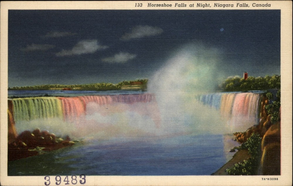 Niagara Falls Ontario Canada Horseshoe Falls night lights ~ 1930s linen postcard