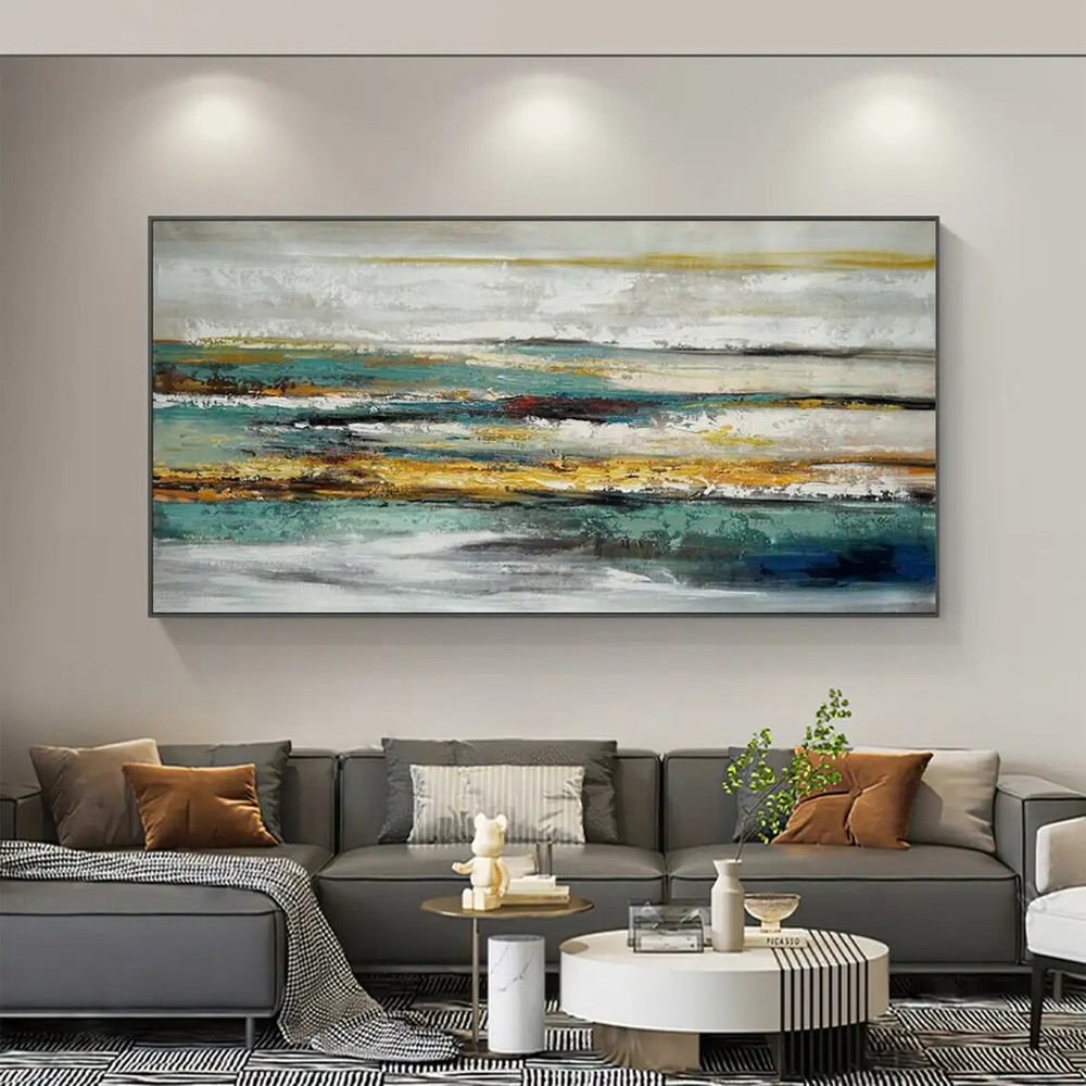 Abstract Teal Lake Canvas Painting Yellow Texture Handmade Modern Minimalist