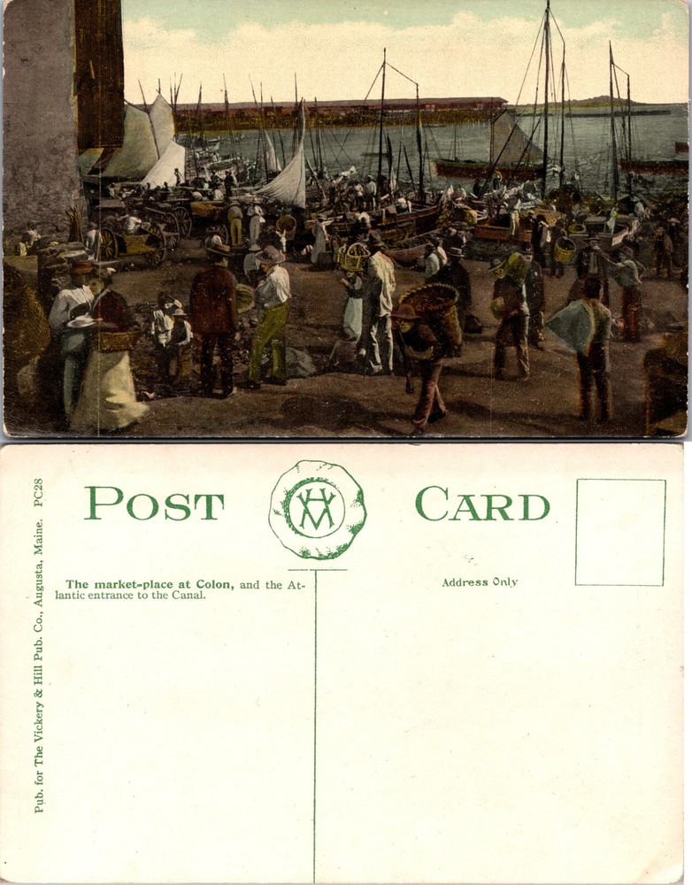 Colon Market Scene Boats Harbor Entrance Panama RPPC Postcard