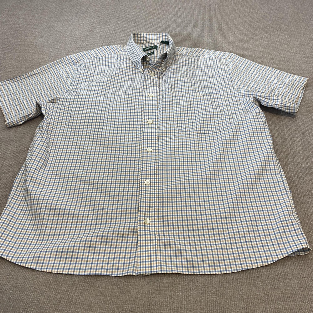 Orvis Shirt Mens XL Blue Check Short Sleeve Button Up Wrinkle Free Stretch