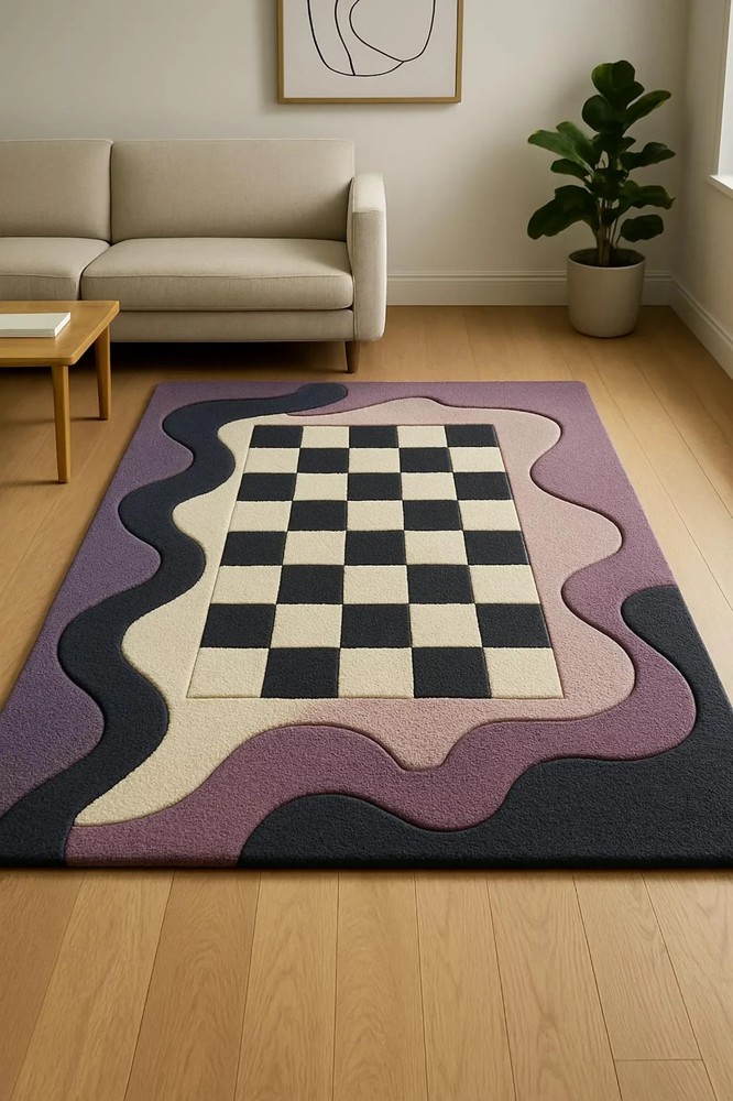 Hand Tufted Checkerboard Rug, Abstract Wavy Border Carpet, Modern Area Rug Decor