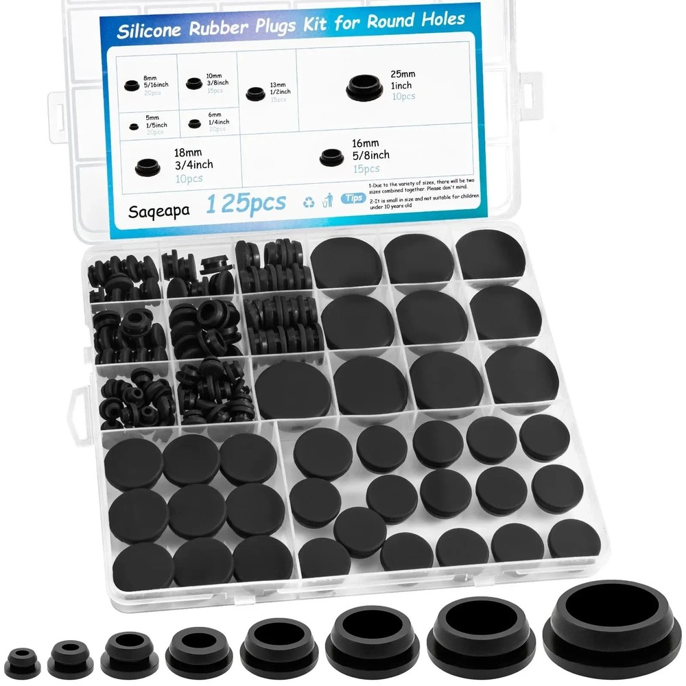 125 Premium Black Rubber Plugs for Round Holes - Assorted Sizes, Car & Furniture