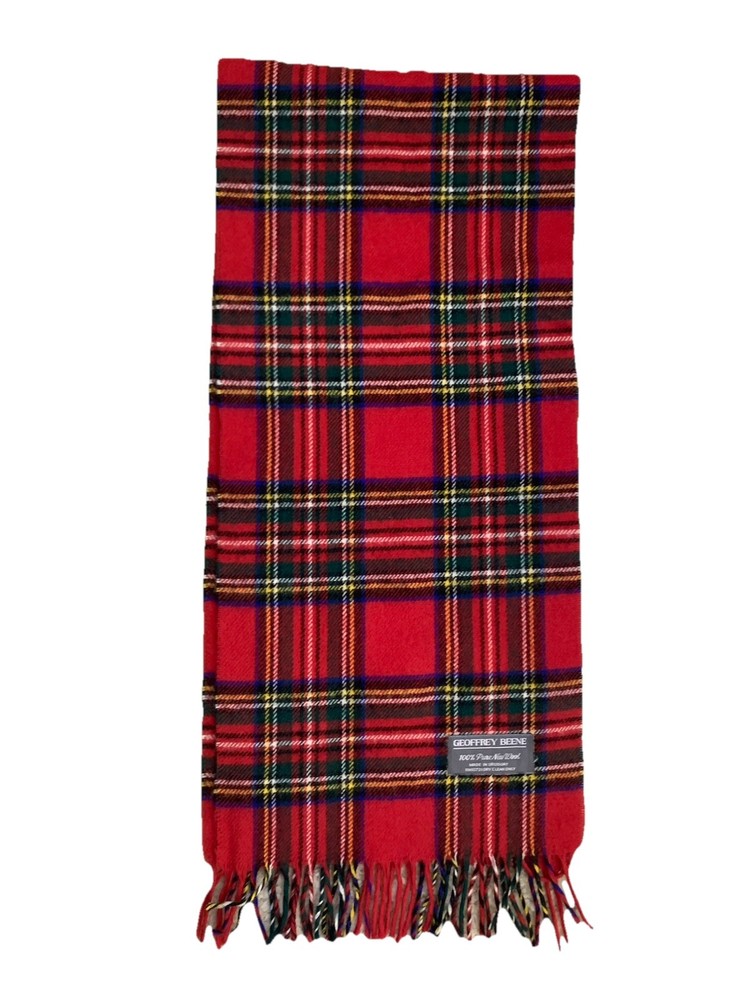 Vintage Wool Scarf Red Tartan Plaid Fringe Geoffrey Beene Men's Women's 11x50