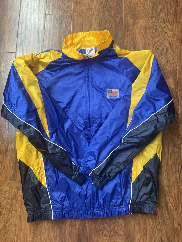 Vintage Speedo USA 90s Wind Rain Zip Blue Yellow Jacket Size Large