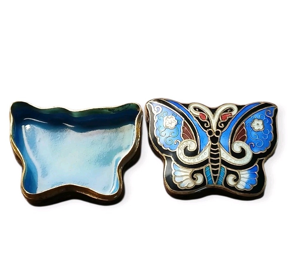 Cloisonne Pill Box Blue Trinket Metal Container  BUTTERFLY Design Multicolor