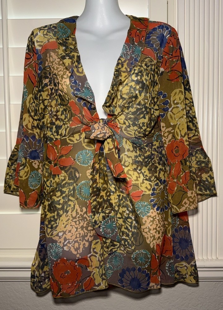 CAbi #360 Shakespeare Semi Sheer Open Tie Front Colorful Floral Top Kimono Small