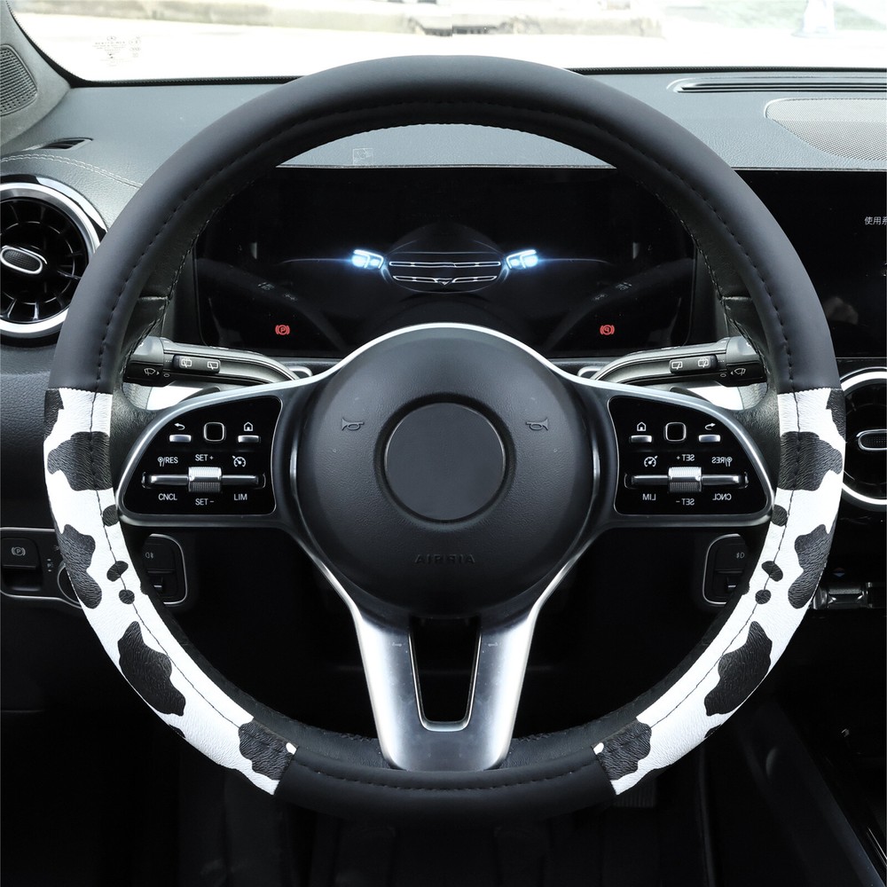 Black Leather Cow Print Anti-Slip Universal Steering Wheel Cover