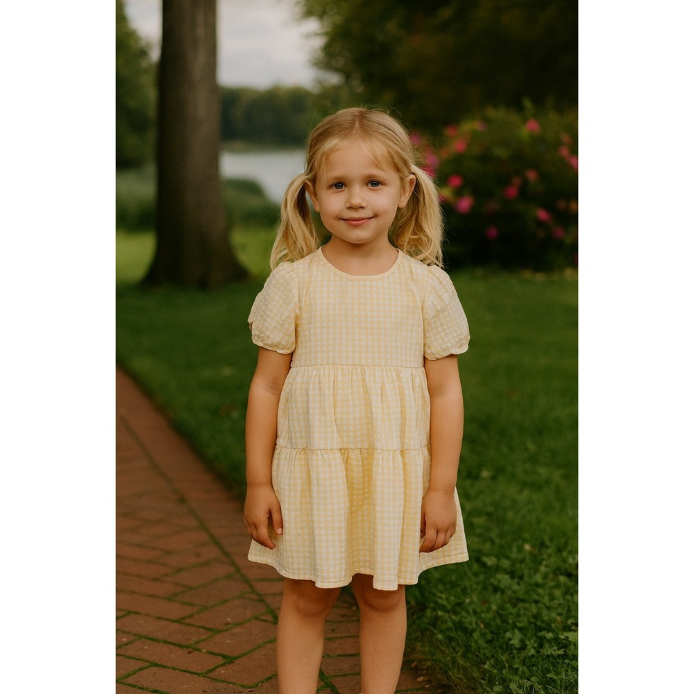 Yellow Gingham Puff Sleeve Dress for Toddler Girls Size 6-7