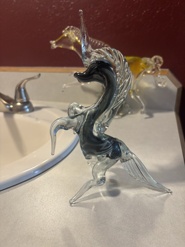Murano Style Glass Horse Black and White Swirl Hand Blown Art Glass