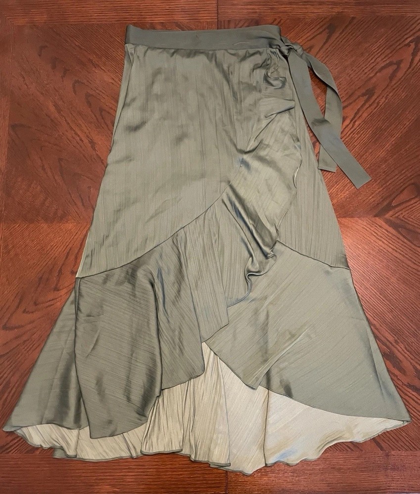Anthropologie Maeve Ruffled Wrap Maxi Skirt Size M in Olive Green