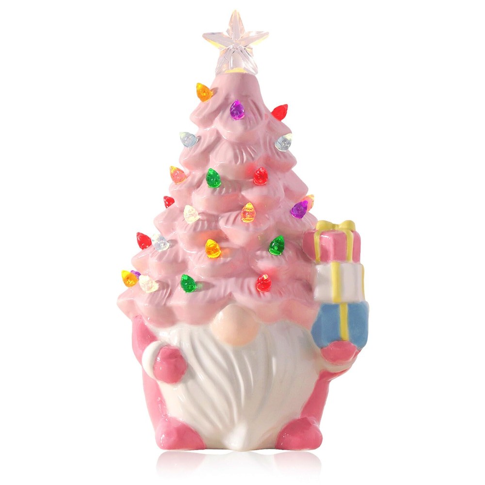 Ceramic Christmas Tree, Pink Christmas Decor Light-Up Ceramic Gnome with LED ...