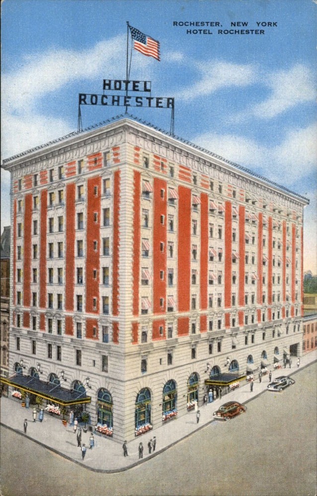 Hotel Rochester New York flag vintage cars ~ 1940s linen postcard