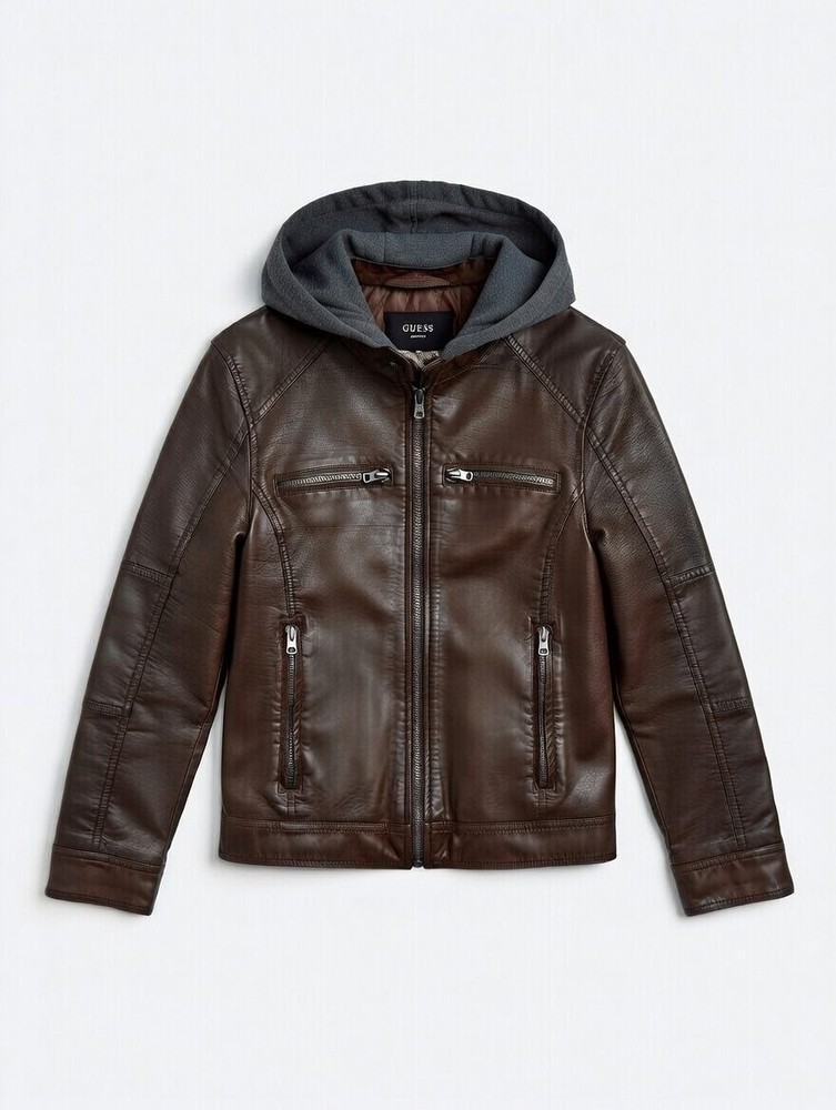 GUESS Men's Faux Leather Brown Bomber Jacket Hooded Full Zip Band Collar Size S