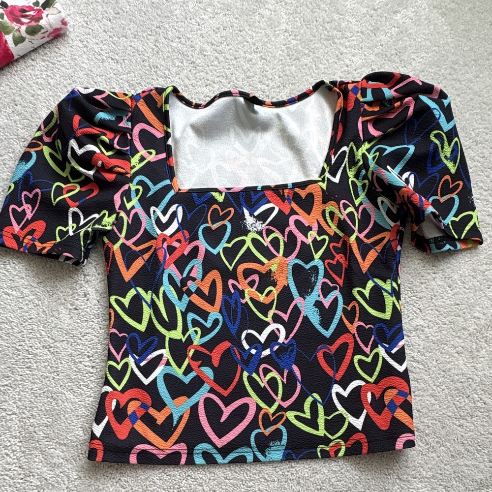 SHEIN Women's Square Neck Puff Sleeve Blouse Heart Print Size L