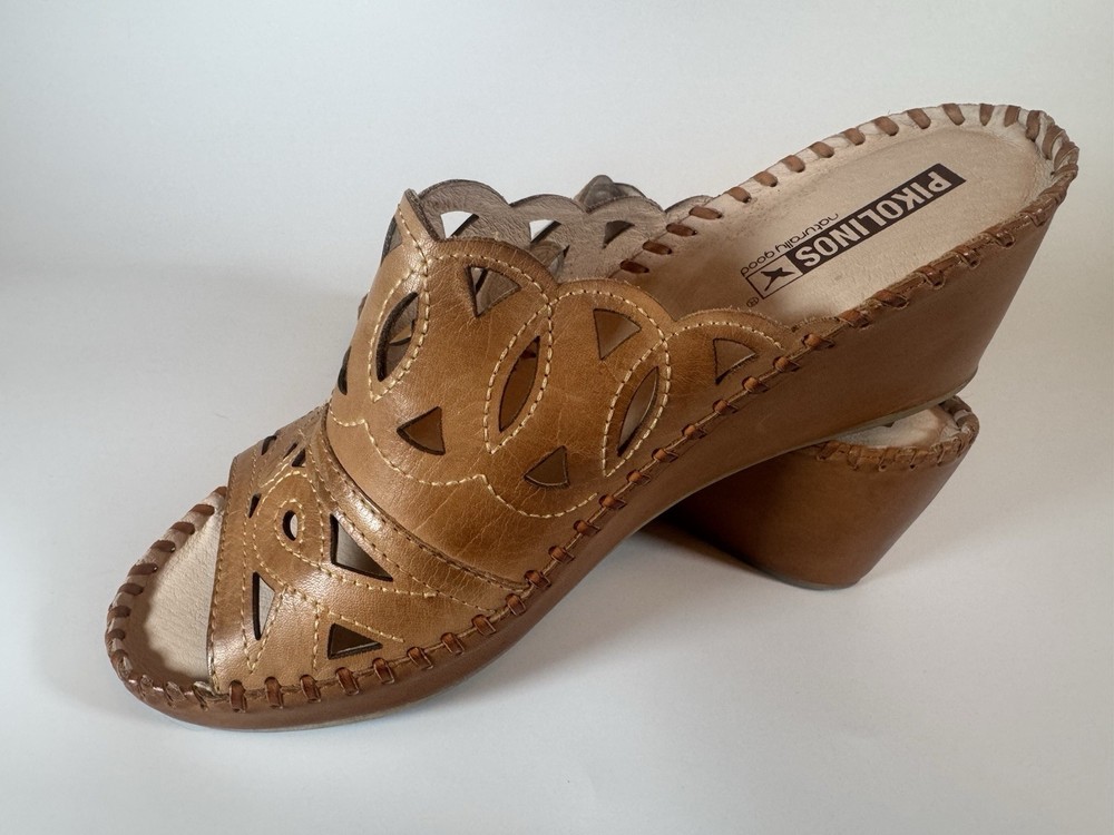 Women's Pikolinos Tan Leather Wedge Sandals Size EU 39 US 8.5 Spring Summer EUC!